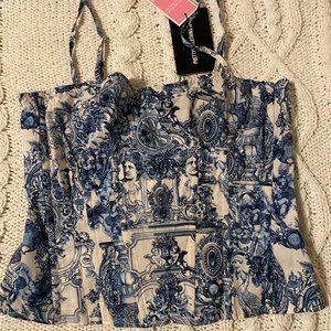 BLUE RENAISSANCE PRINT STRUCTURED CORSET TOP